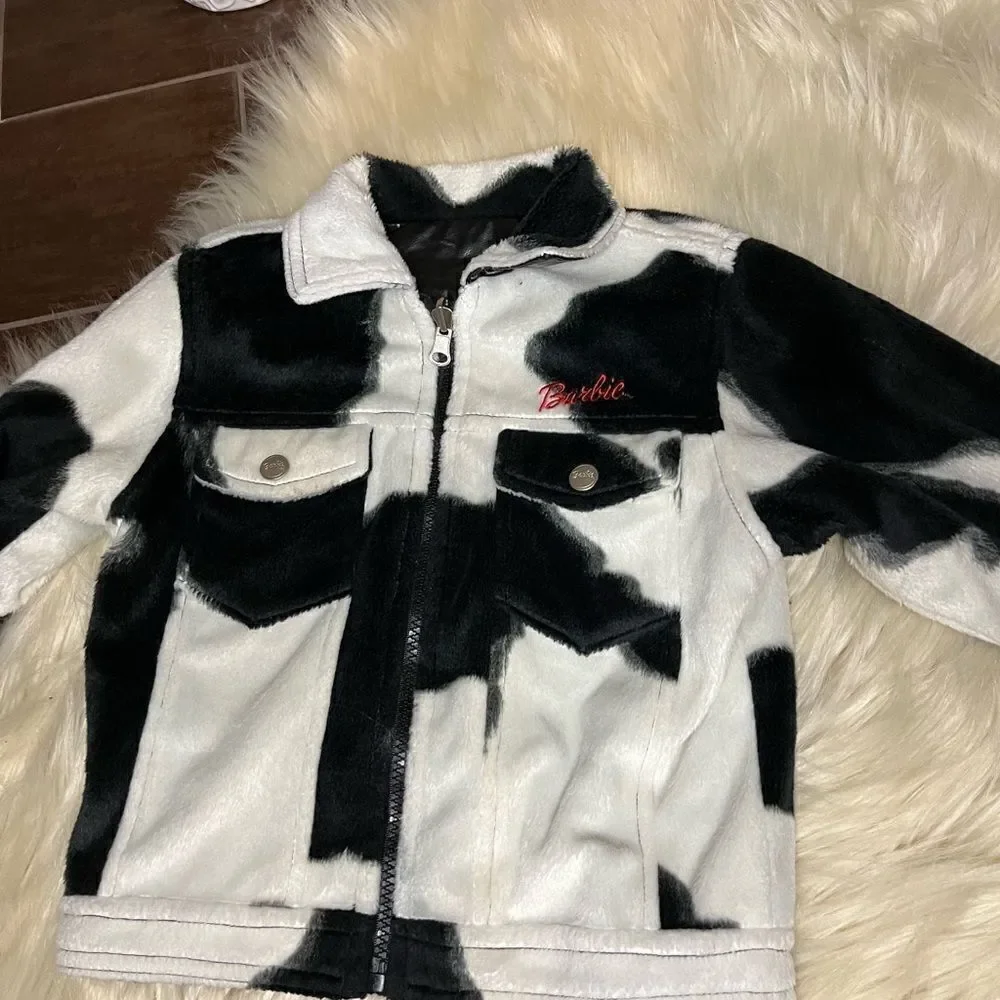 Barbie faux black leather/cow print biker reversible jacket sz5